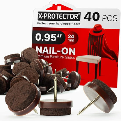 Nail - on Felt Pads X - PROTECTOR 40 PCS - 0.95" Felt Furniture Pads - Brown Chair Leg Floor Protectors - Nail in Furniture Pads for Furniture Legs - The Best Felt Chair Pads for Hardwood Floors (24mm)! | Furniture Pads - TrueDesk