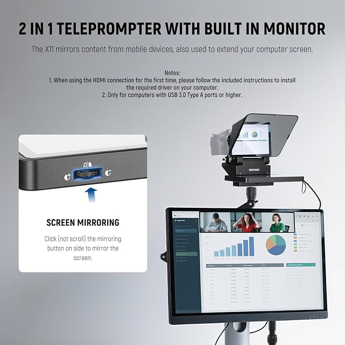 NEEWER 2 in 1 Teleprompter 11 Inch with Monitor, Supports Screen Mirroring, Portable Prompter for Camera Mobile Phone Webcam Windows MacOS for YouTube Twitch Live Streaming Conference, X11 | Teleprompters - TrueDesk