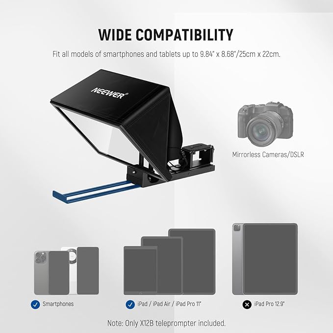 NEEWER Basics X12B Aluminum Alloy Liftable Teleprompter 12" Compatible with iPhone iPad Tablet Phone Camera, No Assembly/Remote & App Control with Cleaning Cloth, for Online Teaching Live Streaming | Teleprompters - TrueDesk