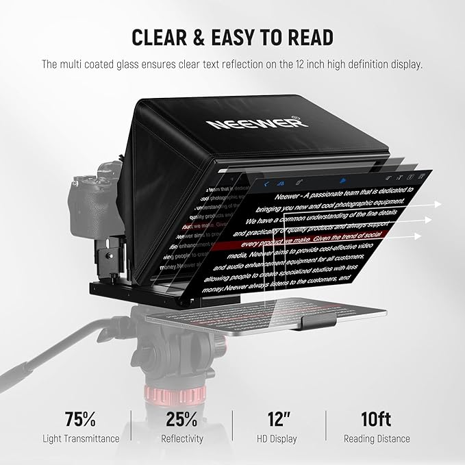 NEEWER Basics X12B Aluminum Alloy Liftable Teleprompter 12" Compatible with iPhone iPad Tablet Phone Camera, No Assembly/Remote & App Control with Cleaning Cloth, for Online Teaching Live Streaming | Teleprompters - TrueDesk