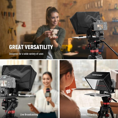 NEEWER Basics X12B Aluminum Alloy Liftable Teleprompter 12" Compatible with iPhone iPad Tablet Phone Camera, No Assembly/Remote & App Control with Cleaning Cloth, for Online Teaching Live Streaming | Teleprompters - TrueDesk