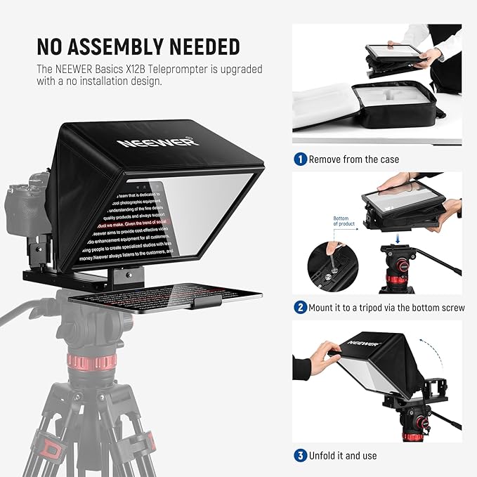 NEEWER Basics X12B Aluminum Alloy Liftable Teleprompter 12" Compatible with iPhone iPad Tablet Phone Camera, No Assembly/Remote & App Control with Cleaning Cloth, for Online Teaching Live Streaming | Teleprompters - TrueDesk