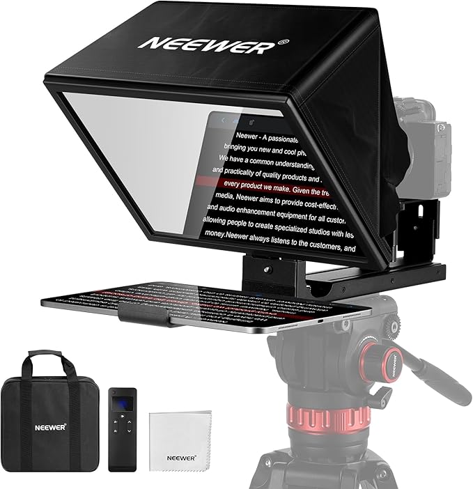 NEEWER Basics X12B Aluminum Alloy Teleprompter 12" for iPad Tablet DSLR Camera, Bluetooth, No Assembly, Remote & App Control, Compatible with iOS Android, Black, for Streaming | Teleprompters - TrueDesk