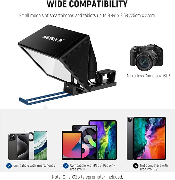 NEEWER Basics X12B Aluminum Alloy Teleprompter 12" for iPad Tablet DSLR Camera, Bluetooth, No Assembly, Remote & App Control, Compatible with iOS Android, Black, for Streaming | Teleprompters - TrueDesk