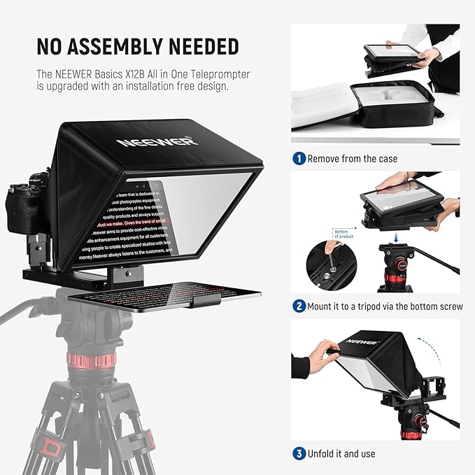 NEEWER Basics X12B Aluminum Alloy Teleprompter 12" for iPad Tablet DSLR Camera, Bluetooth, No Assembly, Remote & App Control, Compatible with iOS Android, Black, for Streaming | Teleprompters - TrueDesk