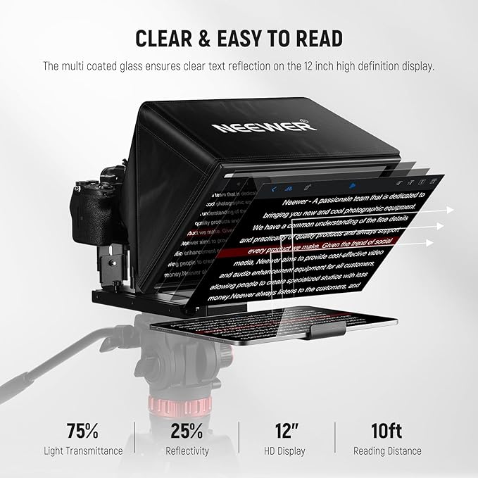 NEEWER Basics X12B Aluminum Alloy Teleprompter 12" for iPad Tablet DSLR Camera, Bluetooth, No Assembly, Remote & App Control, Compatible with iOS Android, Black, for Streaming | Teleprompters - TrueDesk
