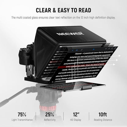 NEEWER Basics X12B Aluminum Alloy Teleprompter 12" for iPad Tablet DSLR Camera, Bluetooth, No Assembly, Remote & App Control, Compatible with iOS Android, Black, for Streaming | Teleprompters - TrueDesk