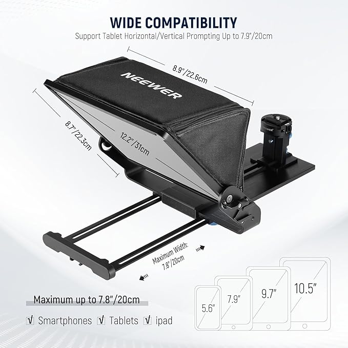 Neewer Teleprompter with Arca Type Camera Mount, Cold Shoes, RT113 Remote Teleprompter App, Online Teaching/Vlogger/Live Streaming Prompter for iPad Tablet, Assembly Free, X12II | Teleprompters - TrueDesk