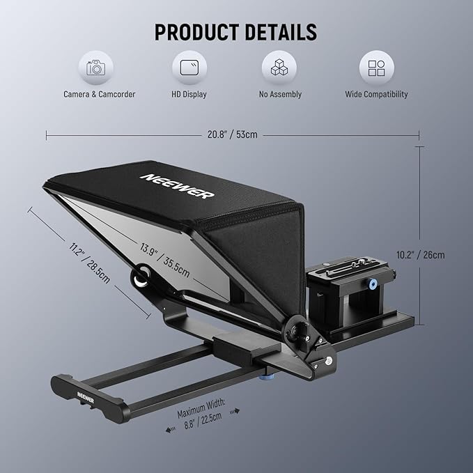 Neewer Teleprompter X14 III with RT113 Remote/App Control, 45° Tilt 14" Beamsplitter All Metal Frame Upgraded Camera Mount QR Plate Compatible with Manfrotto 501PL for iPhone iPad DSLR, Assembly Free | Teleprompters - TrueDesk