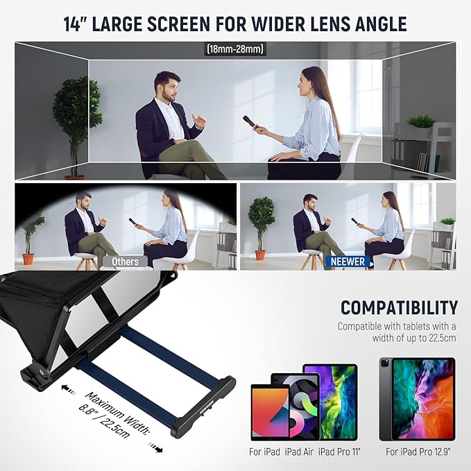Neewer Teleprompter X14 III with RT113 Remote/App Control, 45° Tilt 14" Beamsplitter All Metal Frame Upgraded Camera Mount QR Plate Compatible with Manfrotto 501PL for iPhone iPad DSLR, Assembly Free | Teleprompters - TrueDesk