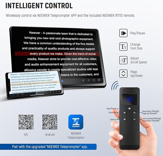 NEEWER Teleprompter X17 II with RT113 Remote/APP Control, 17" HD Beamsplitter All Metal Frame Upgraded Camera Mount QR Plate Compatible with Manfrotto 501PL iPad iPhone, Max Load 44.1Ib, Assembly Free | Teleprompters - TrueDesk