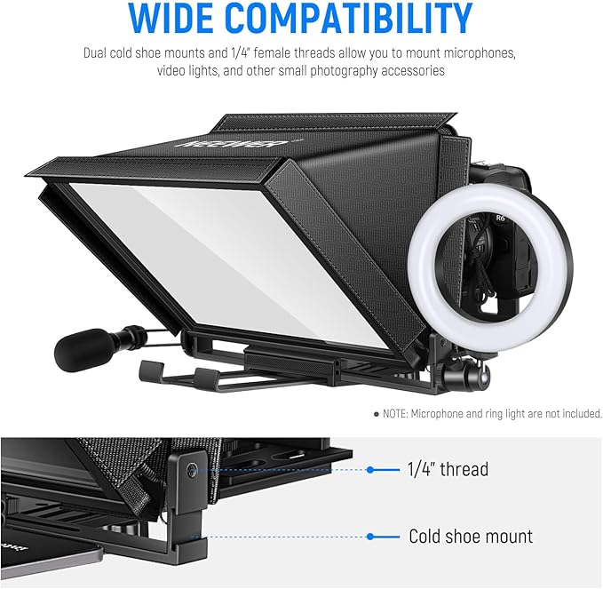 NEEWER X12 14" Aluminum Alloy Teleprompter Compatible with iPhone iPad DSLR Cameras Phone Tablet with Remote Control Carry Case Cleaning Cloth, APP Control for iOS/Android Online Teaching/Streaming | Teleprompters - TrueDesk