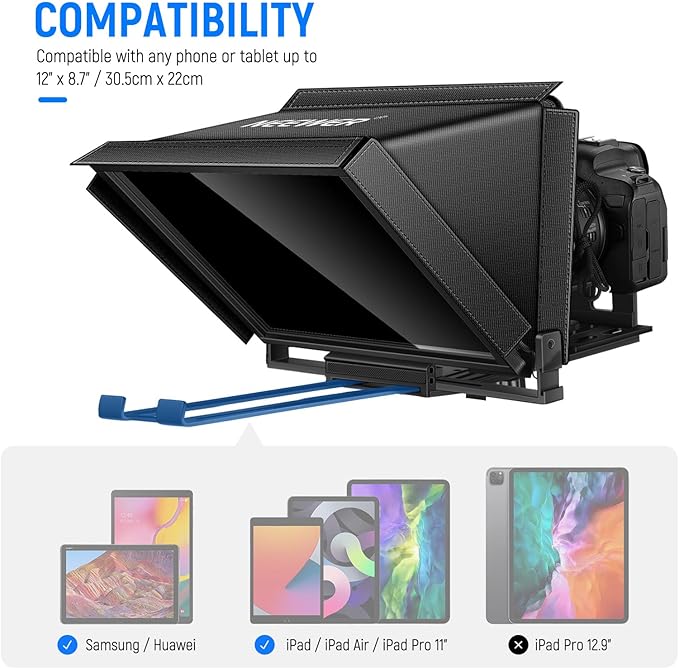 NEEWER X12 14" Aluminum Alloy Teleprompter Compatible with iPhone iPad DSLR Cameras Phone Tablet with Remote Control Carry Case Cleaning Cloth, APP Control for iOS/Android Online Teaching/Streaming | Teleprompters - TrueDesk
