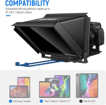 NEEWER X12 14" Aluminum Alloy Teleprompter Compatible with iPhone iPad DSLR Cameras Phone Tablet with Remote Control Carry Case Cleaning Cloth, APP Control for iOS/Android Online Teaching/Streaming | Teleprompters - TrueDesk