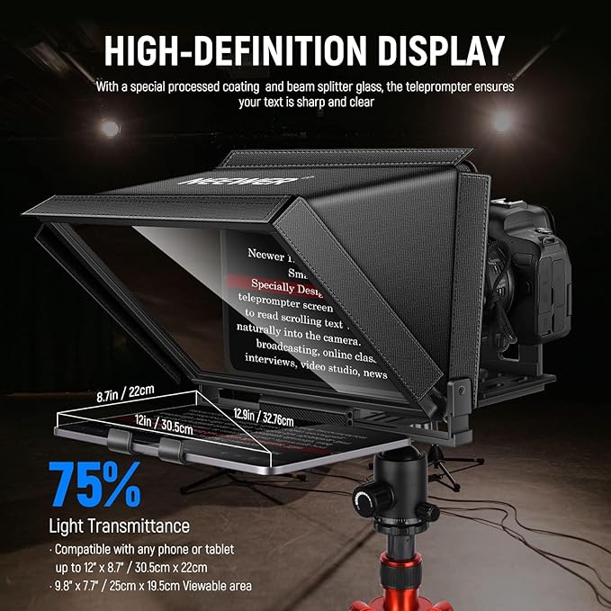 NEEWER X12 14 inch Aluminum Alloy Teleprompter for iPad Tablet Smartphone DSLR Cameras with Remote Control, Carry Case, APP Compatible with iOS/Android for Online Teaching/Vlogger/Live Streaming | Teleprompters - TrueDesk