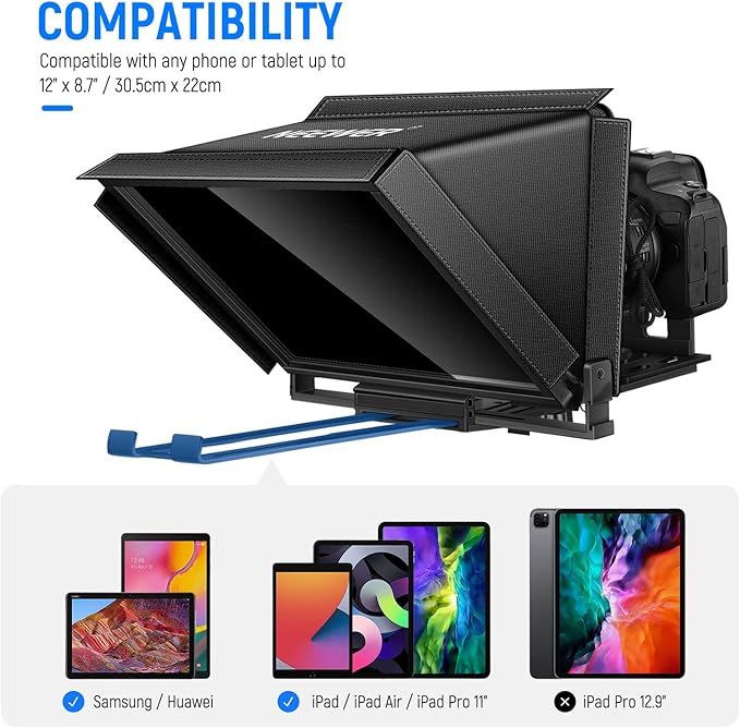NEEWER X12 Aluminum Teleprompter with RT - 110 Remote Control (Connected via Bluetooth on NEEWER Teleprompter App) & Carry Case, Compatible with iPad, iOS/Android Tablets, Smartphones, DSLRs (Black) | Teleprompters - TrueDesk