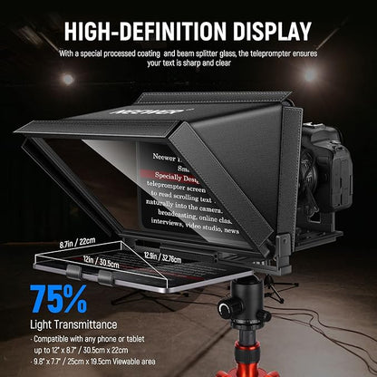 NEEWER X12 Aluminum Teleprompter with RT - 110 Remote Control (Connected via Bluetooth on NEEWER Teleprompter App) & Carry Case, Compatible with iPad, iOS/Android Tablets, Smartphones, DSLRs (Black) | Teleprompters - TrueDesk