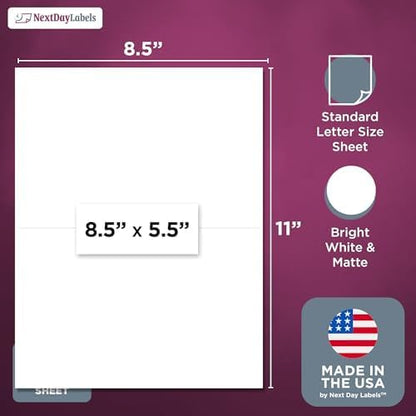 NextDayLabels Half Sheet Shipping Labels 5.5" x 8.5" – Printable Blank Labels for Laser & Inkjet Printers, White Self - Adhesive Stickers, 2 Per Page for Ship, FBA, UPS & FedEx, Made in USA, 50 Pack | Laser Inkjet Printer Labels - TrueDesk