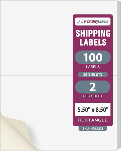 NextDayLabels Half Sheet Shipping Labels 5.5" x 8.5" – Printable Blank Labels for Laser & Inkjet Printers, White Self - Adhesive Stickers, 2 Per Page for Ship, FBA, UPS & FedEx, Made in USA, 50 Pack | Laser Inkjet Printer Labels - TrueDesk
