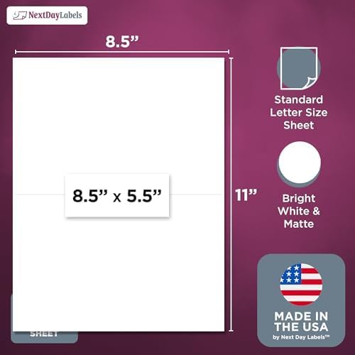 NextDayLabels Half Sheet Shipping Labels 5.5" x 8.5" – Printable Blank Labels for Laser & Inkjet Printers, White Self - Adhesive Stickers, 2 Per Page for Ship, FBA, UPS & FedEx, Made in USA, 250 Pack | Laser Inkjet Printer Labels - TrueDesk