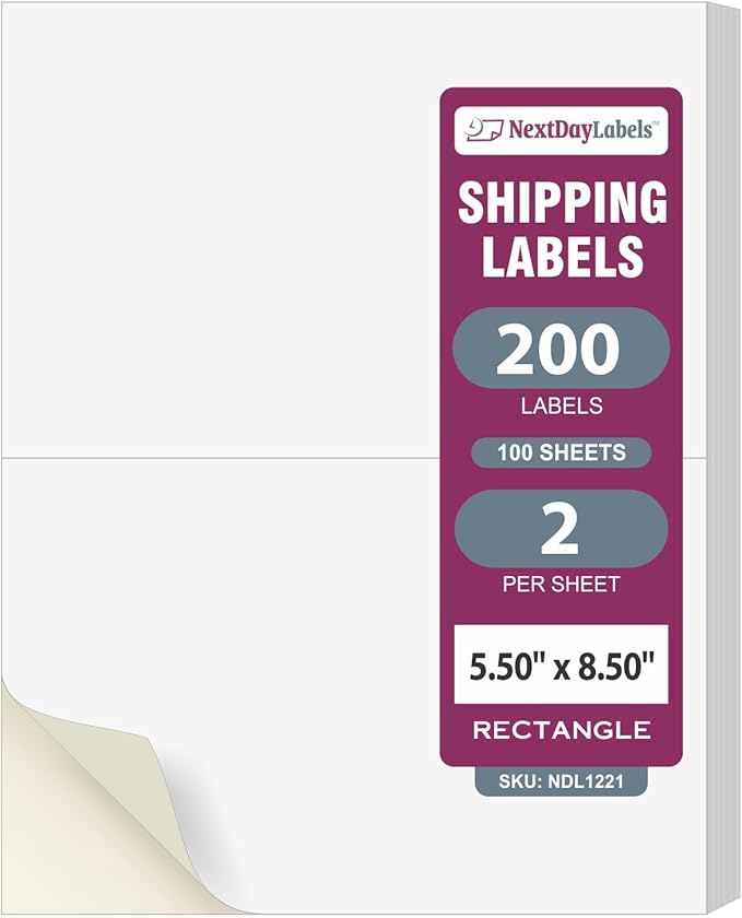 NextDayLabels Half Sheet Shipping Labels 5.5" x 8.5" – Printable Blank Labels for Laser & Inkjet Printers, White Self - Adhesive Stickers, 2 Per Page for Ship, FBA, UPS & FedEx, Made in USA, 100 Pack | Laser Inkjet Printer Labels - TrueDesk