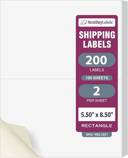 NextDayLabels Half Sheet Shipping Labels 5.5" x 8.5" – Printable Blank Labels for Laser & Inkjet Printers, White Self - Adhesive Stickers, 2 Per Page for Ship, FBA, UPS & FedEx, Made in USA, 100 Pack | Laser Inkjet Printer Labels - TrueDesk