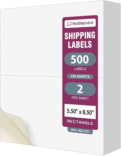 NextDayLabels Half Sheet Shipping Labels 5.5" x 8.5" – Printable Blank Labels for Laser & Inkjet Printers, White Self - Adhesive Stickers, 2 Per Page for Ship, FBA, UPS & FedEx, Made in USA, 250 Pack | Laser Inkjet Printer Labels - TrueDesk