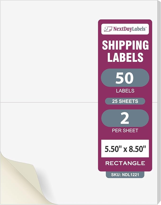 NextDayLabels Half Sheet Shipping Labels 5.5" x 8.5" – Printable Blank Labels for Laser & Inkjet Printers, White Self - Adhesive Stickers, 2 Per Page for Ship, FBA, UPS & FedEx, Made in USA, 25 Pack | Laser Inkjet Printer Labels - TrueDesk