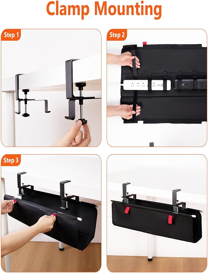 No Drill Under Desk Cable Management Tray - 28" Cord Management Under Desk - No Drill Needed - Easy Clamp - Premium Fabric Cable Management Tray for Office/Home | Racks Cabinets - TrueDesk