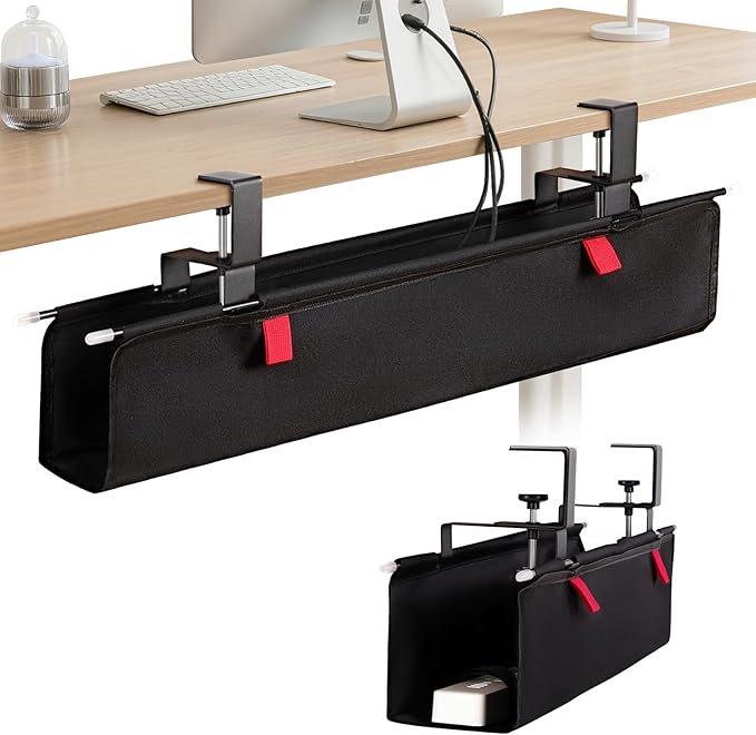 No Drill Under Desk Cable Management Tray - 28" Cord Management Under Desk - No Drill Needed - Easy Clamp - Premium Fabric Cable Management Tray for Office/Home | Racks Cabinets - TrueDesk
