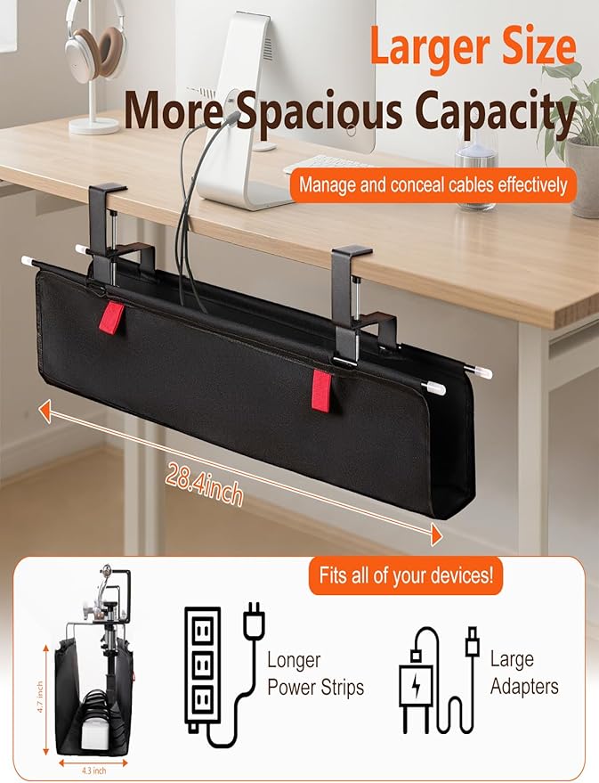 No Drill Under Desk Cable Management Tray - 28" Cord Management Under Desk - No Drill Needed - Easy Clamp - Premium Fabric Cable Management Tray for Office/Home | Racks Cabinets - TrueDesk