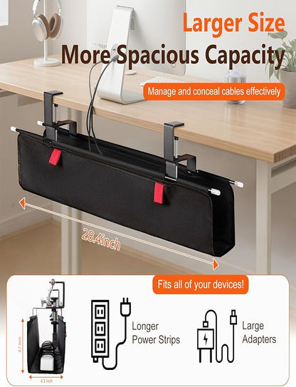 No Drill Under Desk Cable Management Tray - 28" Cord Management Under Desk - No Drill Needed - Easy Clamp - Premium Fabric Cable Management Tray for Office/Home | Racks Cabinets - TrueDesk