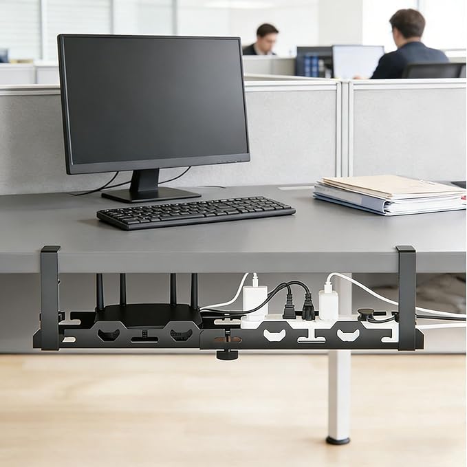 No Drill Under Desk Cable Management Tray System - Extendable15 to 30 "Heavy - Duty Metal Desk Cable Organizer with Clamp Cord Management Holder for Standing Desk & Home Office Black | Racks Cabinets - TrueDesk