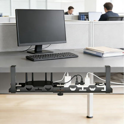 No Drill Under Desk Cable Management Tray System - Extendable15 to 30 "Heavy - Duty Metal Desk Cable Organizer with Clamp Cord Management Holder for Standing Desk & Home Office Black | Racks Cabinets - TrueDesk