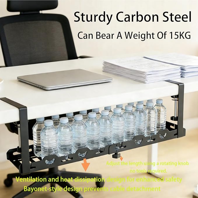 No Drill Under Desk Cable Management Tray System - Extendable15 to 30 "Heavy - Duty Metal Desk Cable Organizer with Clamp Cord Management Holder for Standing Desk & Home Office Black | Racks Cabinets - TrueDesk