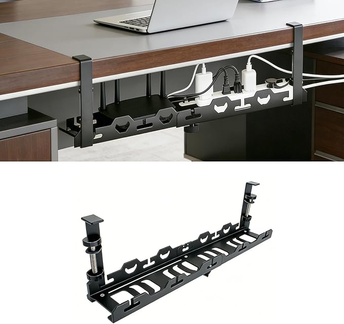 No Drill Under Desk Cable Management Tray System - Extendable15 to 30 "Heavy - Duty Metal Desk Cable Organizer with Clamp Cord Management Holder for Standing Desk & Home Office Black | Racks Cabinets - TrueDesk
