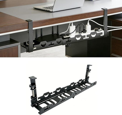 No Drill Under Desk Cable Management Tray System - Extendable15 to 30 "Heavy - Duty Metal Desk Cable Organizer with Clamp Cord Management Holder for Standing Desk & Home Office Black | Racks Cabinets - TrueDesk