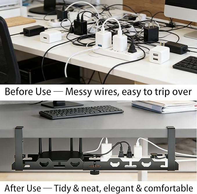 No Drill Under Desk Cable Management Tray System - Extendable15 to 30 "Heavy - Duty Metal Desk Cable Organizer with Clamp Cord Management Holder for Standing Desk & Home Office Black | Racks Cabinets - TrueDesk