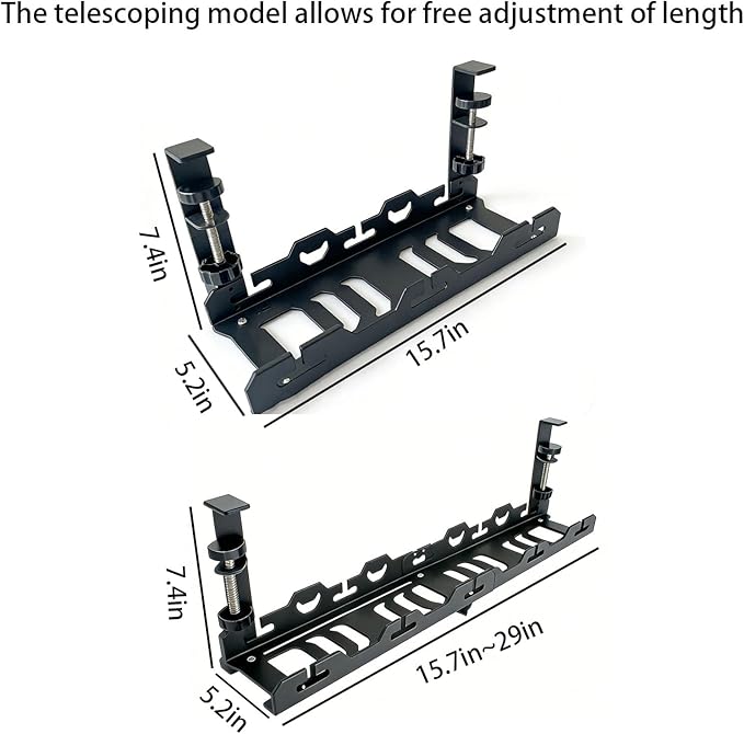 No Drill Under Desk Cable Management Tray System - Extendable15 to 30 "Heavy - Duty Metal Desk Cable Organizer with Clamp Cord Management Holder for Standing Desk & Home Office Black | Racks Cabinets - TrueDesk