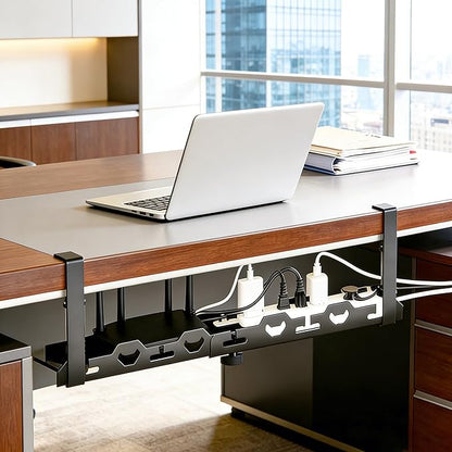 No Drill Under Desk Cable Management Tray System - Extendable15 to 30 "Heavy - Duty Metal Desk Cable Organizer with Clamp Cord Management Holder for Standing Desk & Home Office Black | Racks Cabinets - TrueDesk