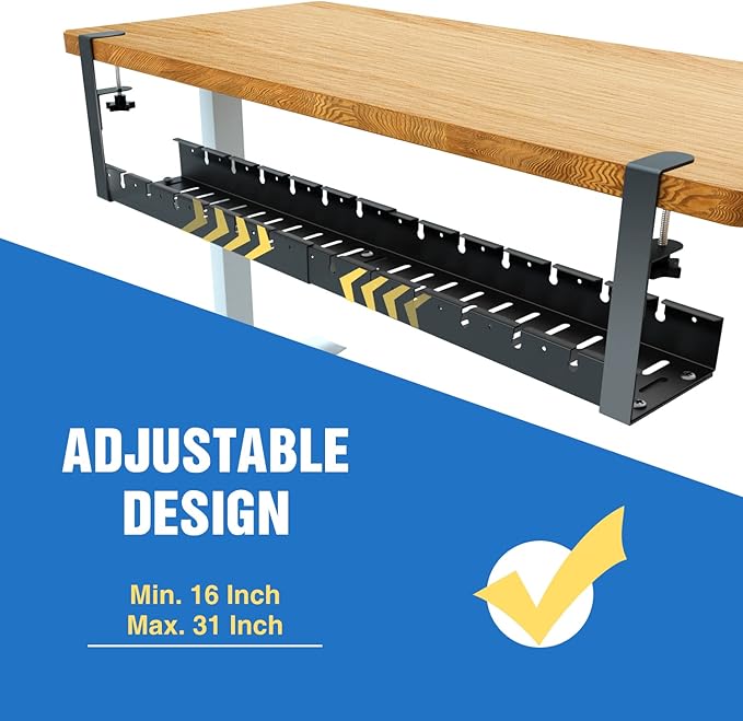 No Drilling Extendable Under Desk Cable Management, Metal Cable Management Tray Under Desk with Clamp, Retractable Power Strip Cord Holder for Wire Management 31Inch(1 Pack Black Extendable 31') | Cable Raceways - TrueDesk