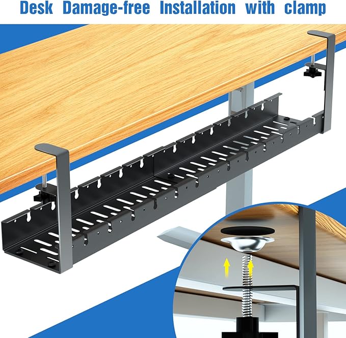 No Drilling Extendable Under Desk Cable Management, Metal Cable Management Tray Under Desk with Clamp, Retractable Power Strip Cord Holder for Wire Management 31Inch(1 Pack Black Extendable 31') | Cable Raceways - TrueDesk
