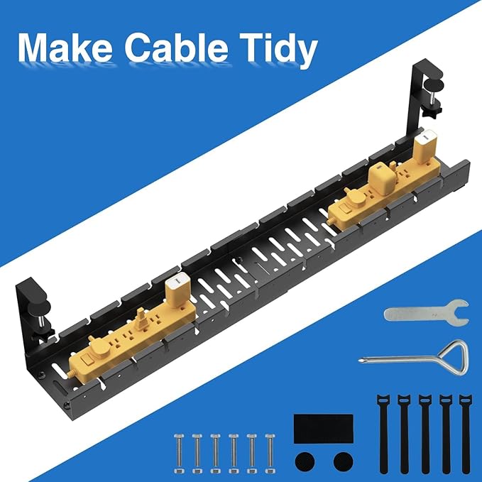 No Drilling Extendable Under Desk Cable Management, Metal Cable Management Tray Under Desk with Clamp, Retractable Power Strip Cord Holder for Wire Management 31Inch (2 Pack Extendable 31') | Cable Raceways - TrueDesk