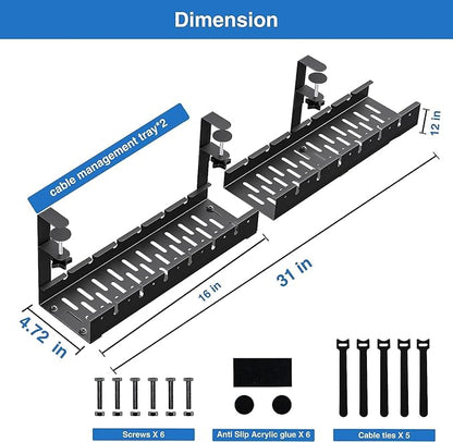 No Drilling Extendable Under Desk Cable Management, Metal Cable Management Tray Under Desk with Clamp, Retractable Power Strip Cord Holder for Wire Management 31Inch (2 Pack Extendable 31') | Cable Raceways - TrueDesk
