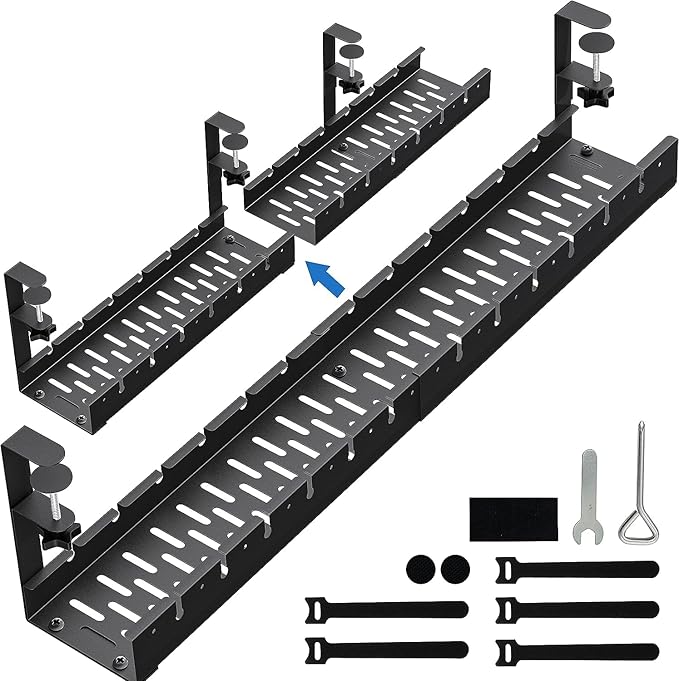 No Drilling Extendable Under Desk Cable Management, Metal Cable Management Tray Under Desk with Clamp, Retractable Power Strip Cord Holder for Wire Management 31Inch (2 Pack Extendable 31') | Cable Raceways - TrueDesk