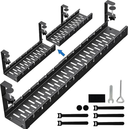 No Drilling Extendable Under Desk Cable Management, Metal Cable Management Tray Under Desk with Clamp, Retractable Power Strip Cord Holder for Wire Management 31Inch (2 Pack Extendable 31') | Cable Raceways - TrueDesk
