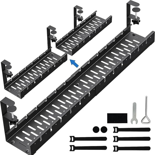 No Drilling Extendable Under Desk Cable Management, Metal Cable Management Tray Under Desk with Clamp, Retractable Power Strip Cord Holder for Wire Management 31Inch (2 Pack Extendable 31') | Cable Raceways - TrueDesk
