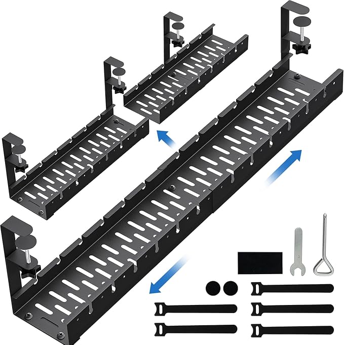 No Drilling Extendable Under Desk Cable Management, Metal Cable Management Tray Under Desk with Clamp, Retractable Power Strip Cord Holder for Wire Management 31Inch(1 Pack Black Extendable 31') | Cable Raceways - TrueDesk