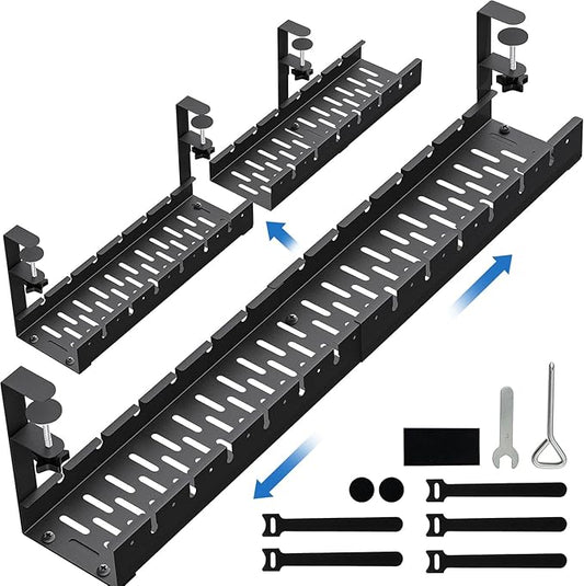 No Drilling Extendable Under Desk Cable Management, Metal Cable Management Tray Under Desk with Clamp, Retractable Power Strip Cord Holder for Wire Management 31Inch(1 Pack Black Extendable 31') | Cable Raceways - TrueDesk