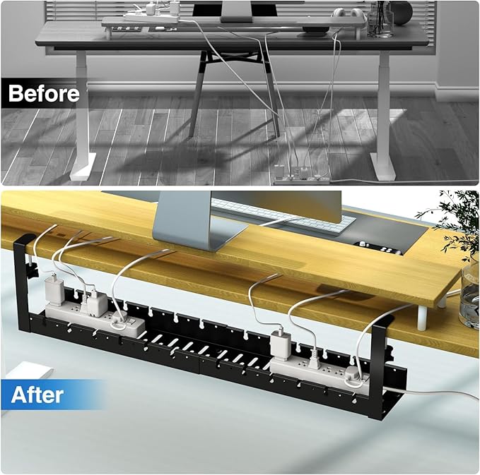 No Drilling Extendable Under Desk Cable Management, Metal Cable Management Tray Under Desk with Clamp, Retractable Power Strip Cord Holder for Wire Management 31Inch (2 Pack Extendable 31') | Cable Raceways - TrueDesk